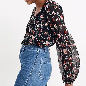 Madewell S Shirred Sleeve V Neck Top Drifting Flowers Black Floral Cottagecore
